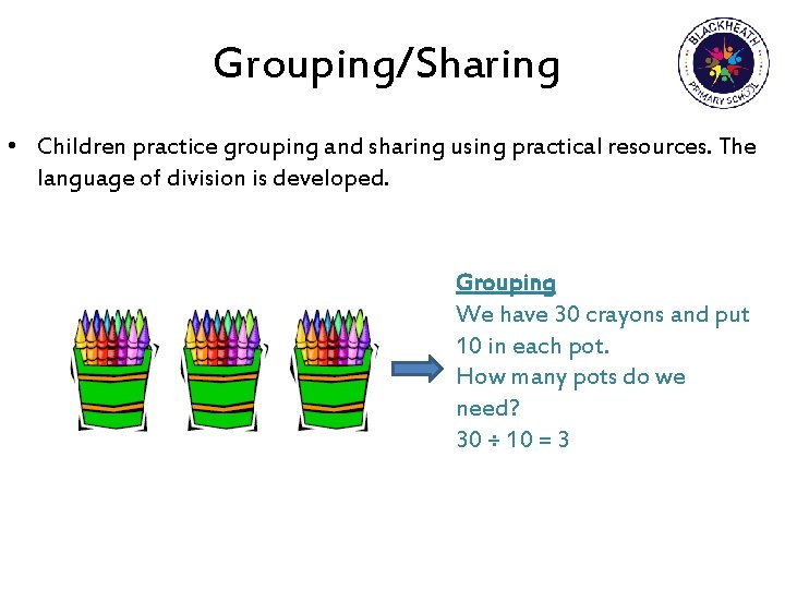 Grouping/Sharing • Children practice grouping and sharing using practical resources. The language of division