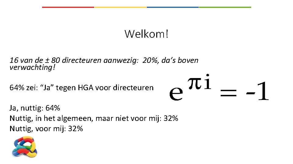 Welkom! 16 van de ± 80 directeuren aanwezig: 20%, da’s boven verwachting! 64% zei:
