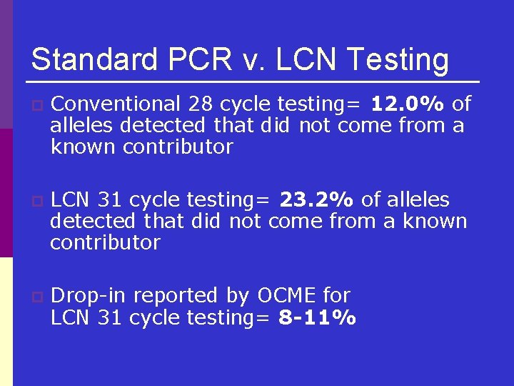 Standard PCR v. LCN Testing p Conventional 28 cycle testing= 12. 0% of alleles