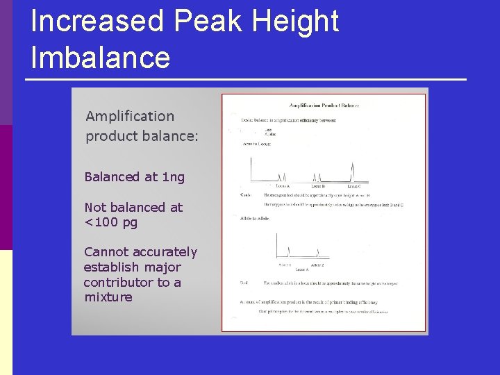 Increased Peak Height Imbalance Balanced at 1 ng Not balanced at <100 pg Cannot