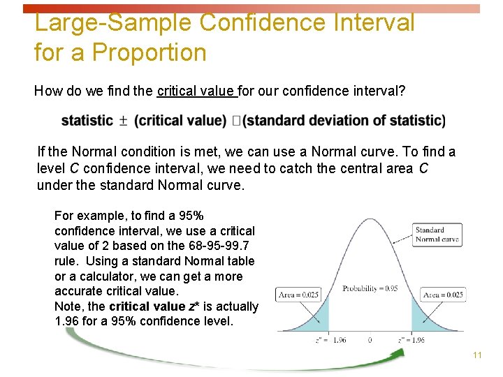 Large-Sample Confidence Interval for a Proportion How do we find the critical value for