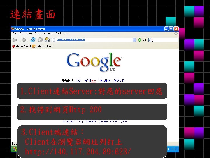 連結畫面 1. Client連結Server: 對應的server回應 2. 找得到網頁Http 200 3. Client端連結： Client在瀏覽器網址列打上 http: //140. 117. 204.