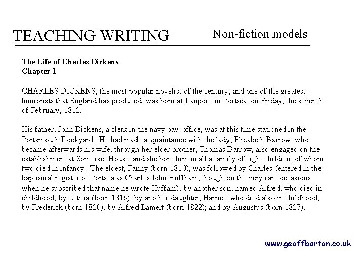 TEACHING WRITING Non-fiction models The Life of Charles Dickens Chapter 1 CHARLES DICKENS, the