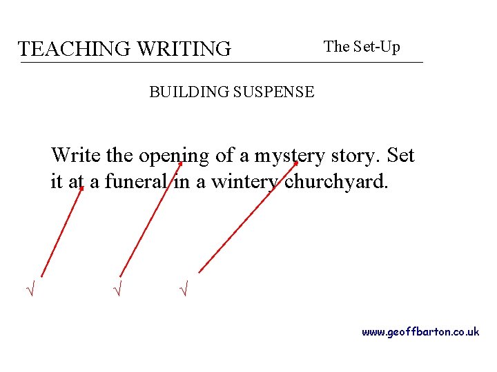 TEACHING WRITING The Set-Up BUILDING SUSPENSE Write the opening of a mystery story. Set