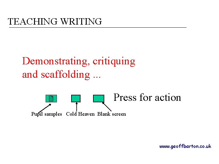 TEACHING WRITING Demonstrating, critiquing and scaffolding. . . Press for action Pupil samples Cold