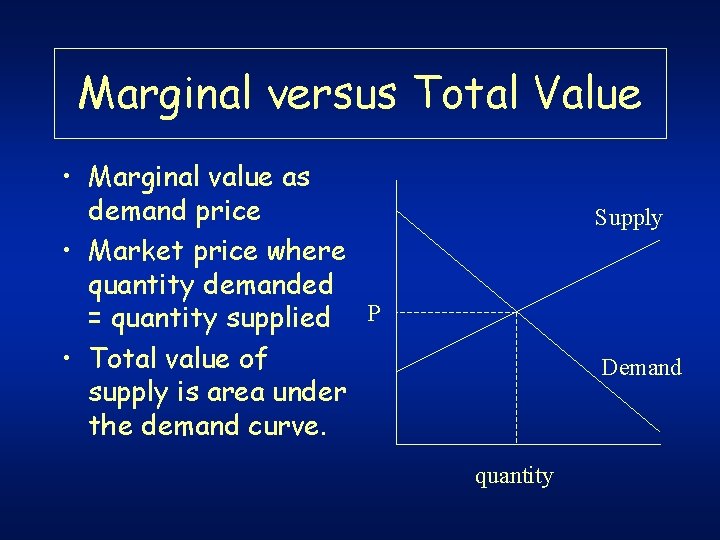 Marginal versus Total Value • Marginal value as demand price • Market price where Marginal versus Total Value • Marginal value as demand price • Market price where
