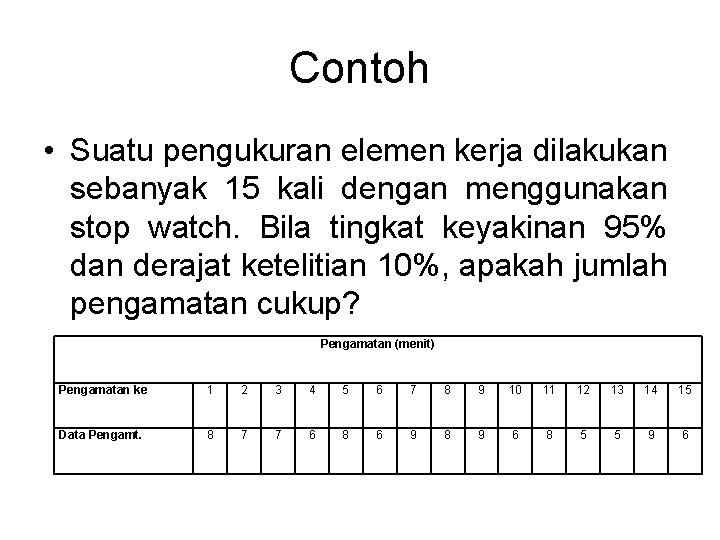 Contoh • Suatu pengukuran elemen kerja dilakukan sebanyak 15 kali dengan menggunakan stop watch.