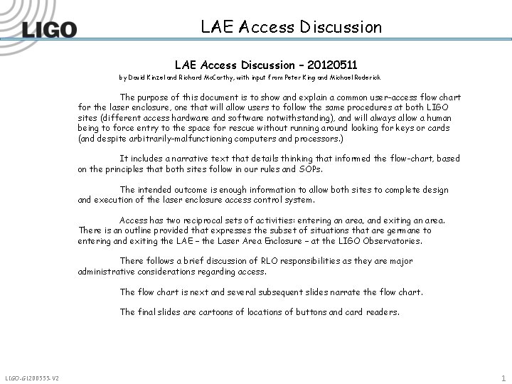 LAE Access Discussion – 20120511 by David Kinzel and Richard Mc. Carthy, with input