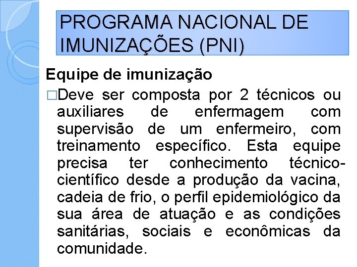 PROGRAMA NACIONAL DE IMUNIZAÇÕES (PNI) Equipe de imunização �Deve ser composta por 2 técnicos