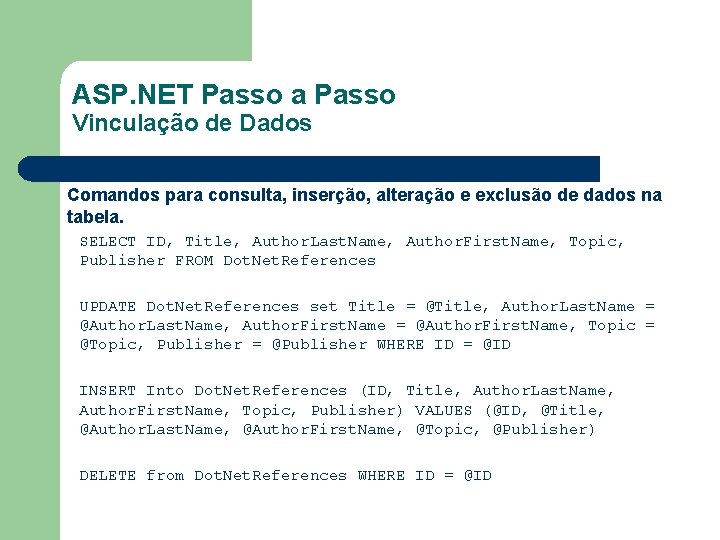 ASP. NET Passo a Passo Vinculação de Dados Comandos para consulta, inserção, alteração e