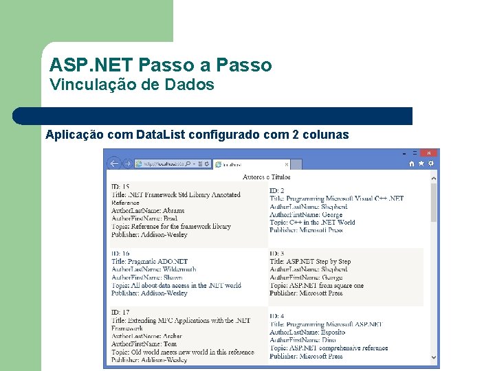 ASP. NET Passo a Passo Vinculação de Dados Aplicação com Data. List configurado com