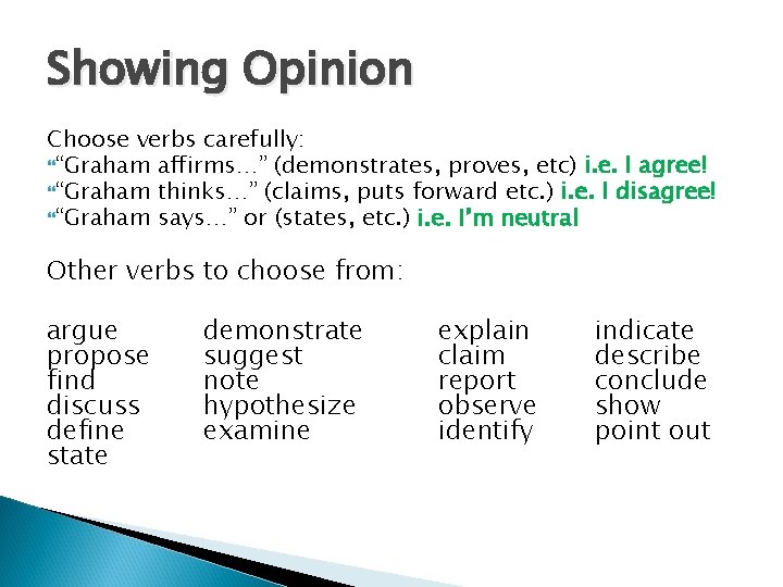 Showing Opinion Choose verbs carefully: “Graham affirms…” (demonstrates, proves, etc) i. e. I agree!