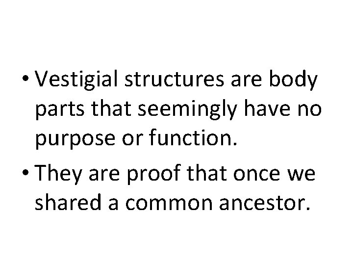  • Vestigial structures are body parts that seemingly have no purpose or function.