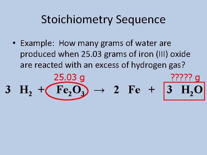 Stoichiometry Sequence • Example: How many grams of water are produced when 25. 03