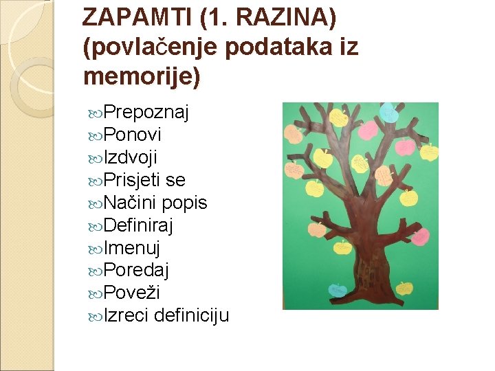 ZAPAMTI (1. RAZINA) (povlačenje podataka iz memorije) Prepoznaj Ponovi Izdvoji Prisjeti se Načini popis