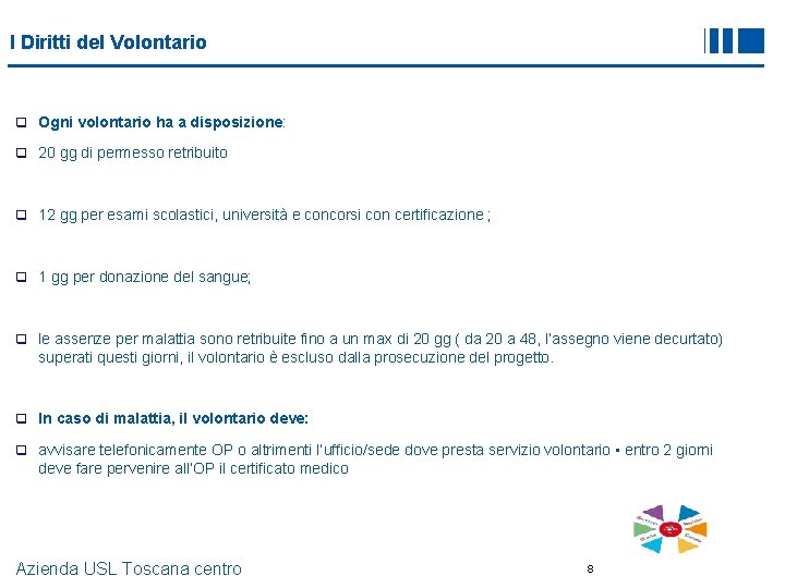 I Diritti del Volontario q Ogni volontario ha a disposizione: q 20 gg di