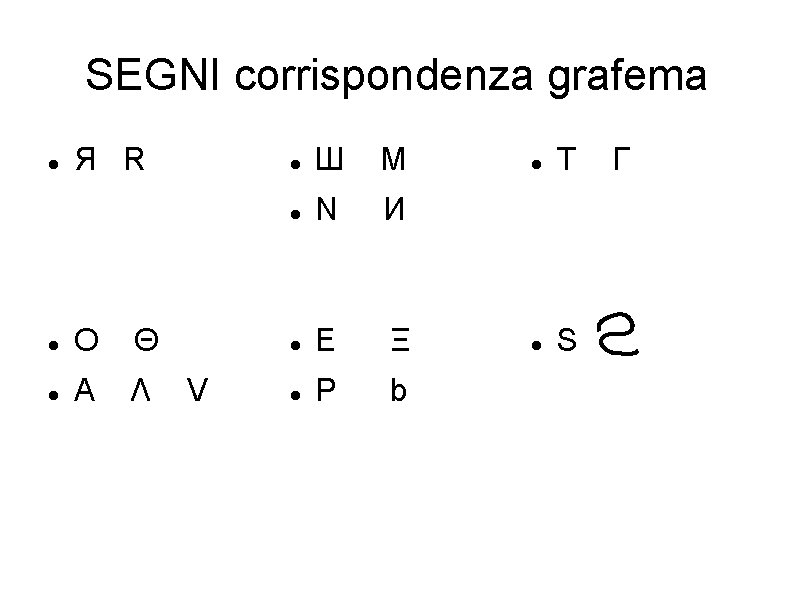 SEGNI corrispondenza grafema Я R Ο Θ A Λ V Ш M N И