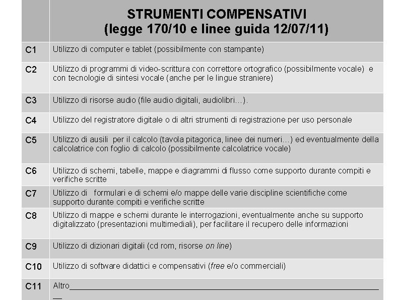 STRUMENTI COMPENSATIVI (legge 170/10 e linee guida 12/07/11) C 1 Utilizzo di computer e