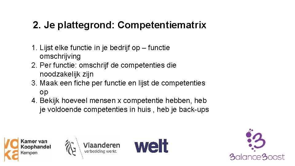 2. Je plattegrond: Competentiematrix 1. Lijst elke functie in je bedrijf op – functie