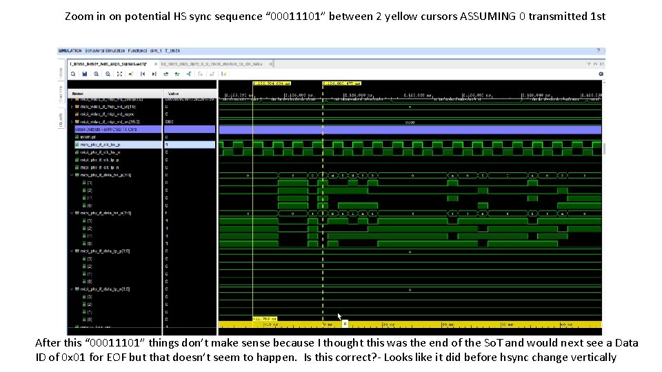 Zoom in on potential HS sync sequence “ 00011101” between 2 yellow cursors ASSUMING Zoom in on potential HS sync sequence “ 00011101” between 2 yellow cursors ASSUMING