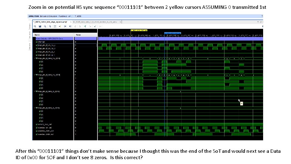 Zoom in on potential HS sync sequence “ 00011101” between 2 yellow cursors ASSUMING Zoom in on potential HS sync sequence “ 00011101” between 2 yellow cursors ASSUMING