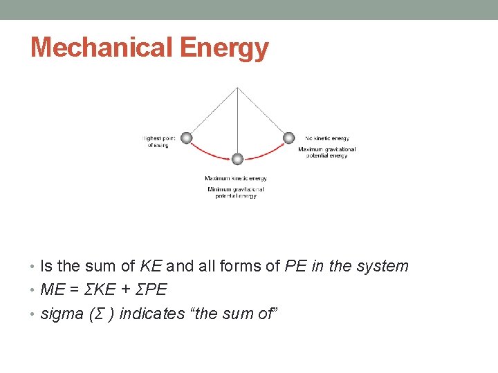 Mechanical Energy • Is the sum of KE and all forms of PE in