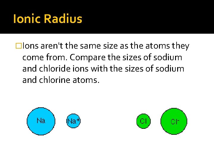 Ionic Radius �Ions aren't the same size as the atoms they come from. Compare