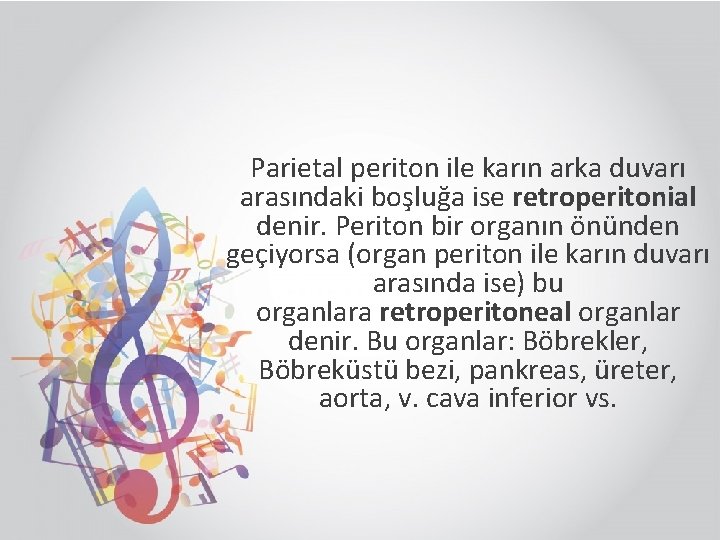 Parietal periton ile karın arka duvarı arasındaki boşluğa ise retroperitonial denir. Periton bir organın