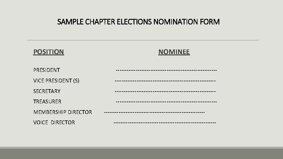 SAMPLE CHAPTER ELECTIONS NOMINATION FORM POSITION NOMINEE PRESIDENT ---------------------------- VICE PRESIDENT (S) ---------------------------- SECRETARY