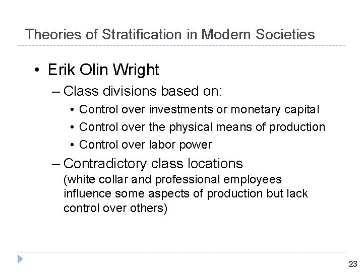 Theories of Stratification in Modern Societies • Erik Olin Wright – Class divisions based