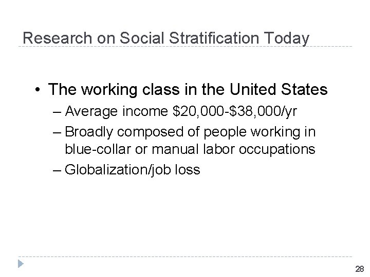 Research on Social Stratification Today • The working class in the United States –