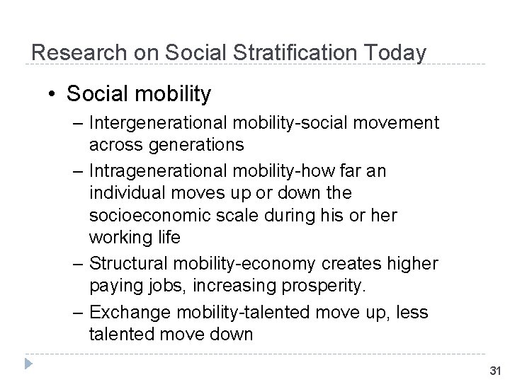 Research on Social Stratification Today • Social mobility – Intergenerational mobility-social movement across generations