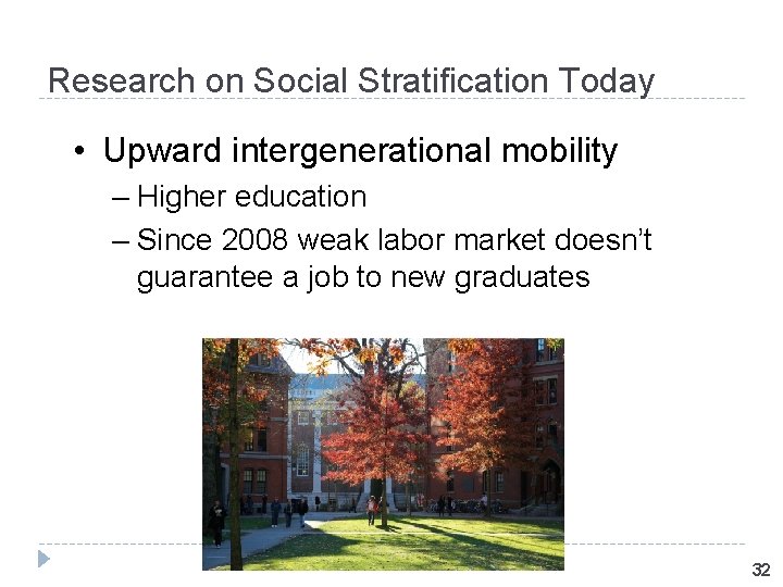 Research on Social Stratification Today • Upward intergenerational mobility – Higher education – Since