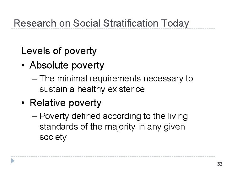 Research on Social Stratification Today Levels of poverty • Absolute poverty – The minimal
