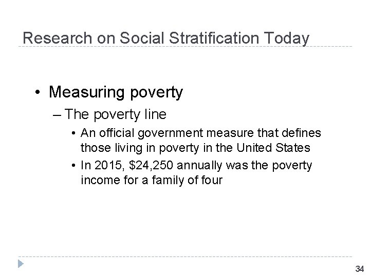 Research on Social Stratification Today • Measuring poverty – The poverty line • An