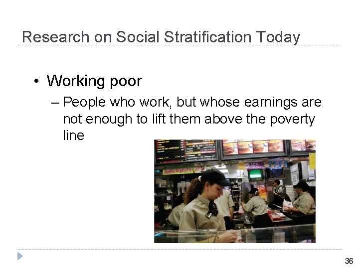 Research on Social Stratification Today • Working poor – People who work, but whose