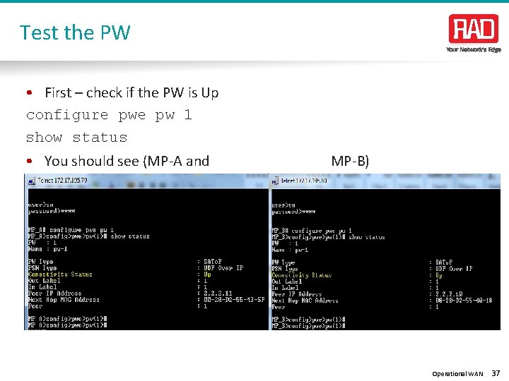 Test the PW • First – check if the PW is Up configure pw