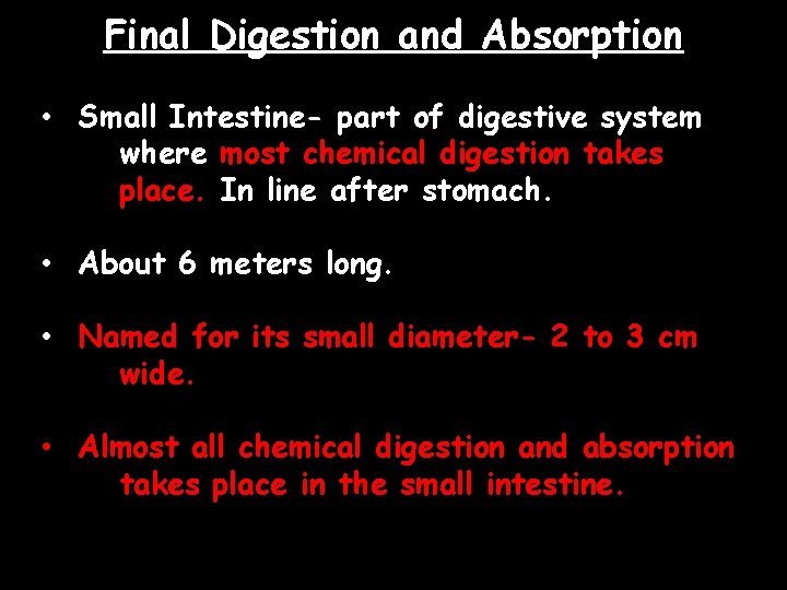 Final Digestion and Absorption • Small Intestine- part of digestive system where most chemical