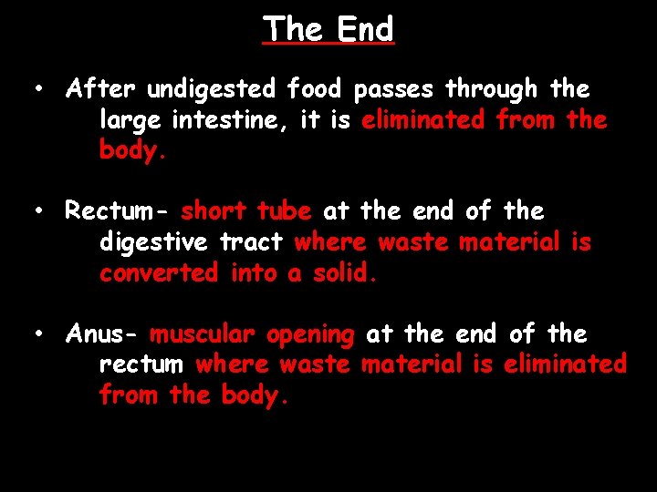 The End • After undigested food passes through the large intestine, it is eliminated