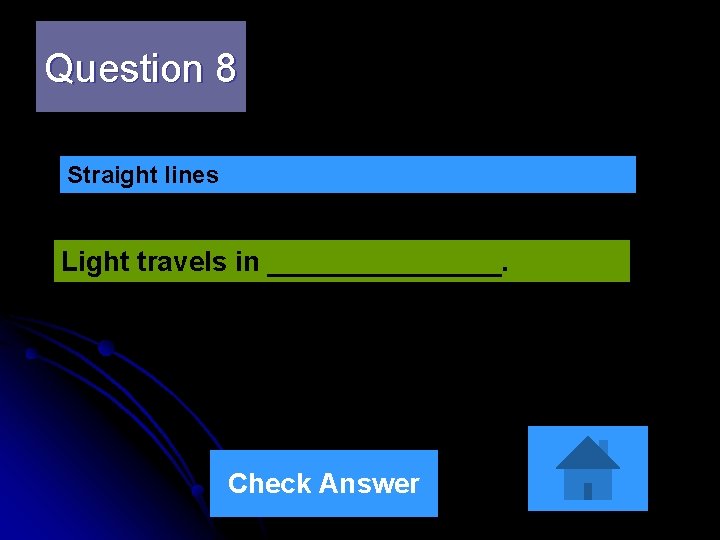 Question 8 Straight lines Light travels in ________. Check Answer 