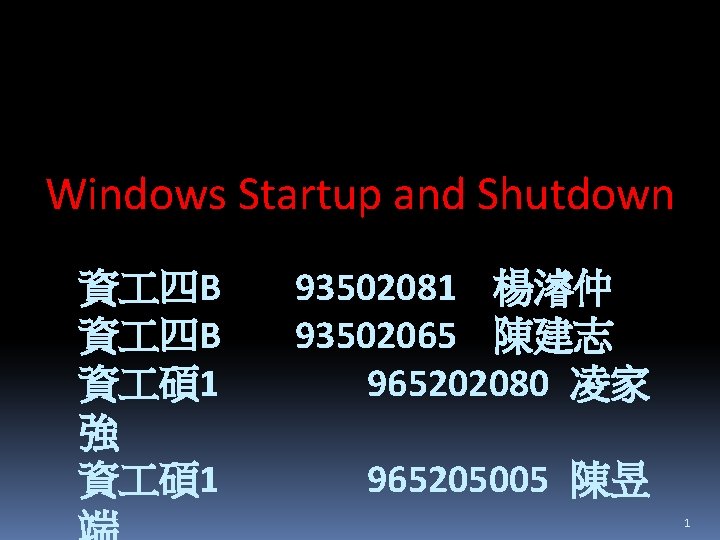 Windows Startup and Shutdown 資 四B 資 碩 1 強 資 碩 1 93502081