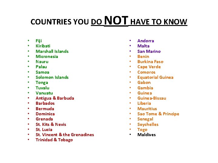 COUNTRIES YOU DO NOT HAVE TO KNOW • • • • • Fiji Kiribati