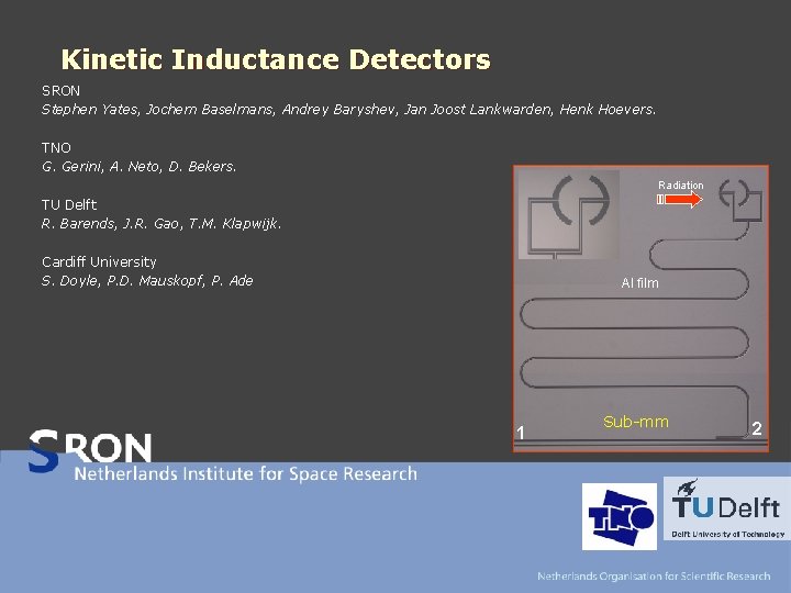 Kinetic Inductance Detectors SRON Stephen Yates, Jochem Baselmans, Andrey Baryshev, Jan Joost Lankwarden, Henk