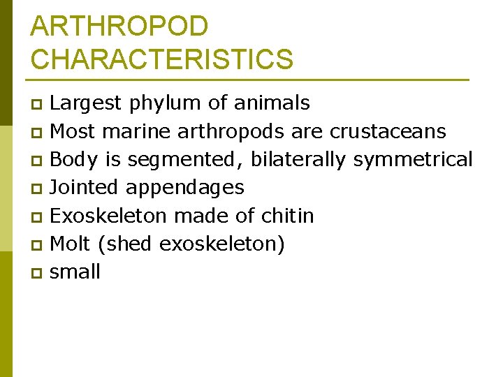 ARTHROPOD CHARACTERISTICS Largest phylum of animals p Most marine arthropods are crustaceans p Body