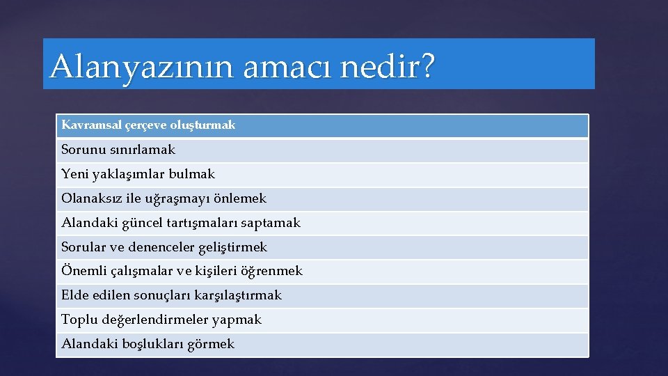 Alanyazının amacı nedir? Kavramsal çerçeve oluşturmak Sorunu sınırlamak Yeni yaklaşımlar bulmak Olanaksız ile uğraşmayı