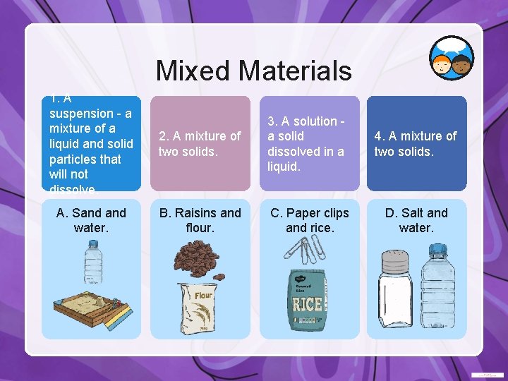 Mixed Materials 1. A suspension - a mixture of a liquid and solid particles