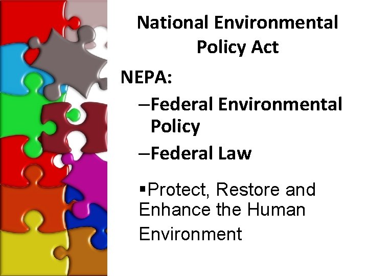 National Environmental Policy Act NEPA: –Federal Environmental Policy –Federal Law §Protect, Restore and Enhance