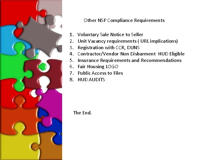 Other NSP Compliance Requirements 1. 2. 3. 4. 5. 6. 7. 8. Voluntary Sale
