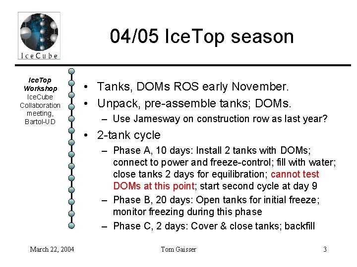 04/05 Ice. Top season Ice. Top Workshop Ice. Cube Collaboration meeting, Bartol-UD • Tanks,