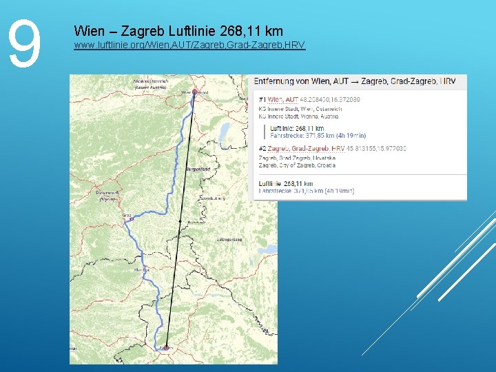 9 Wien – Zagreb Luftlinie 268, 11 km www. luftlinie. org/Wien, AUT/Zagreb, Grad-Zagreb, HRV